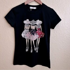 Sister Fashion Embellished Black Short Sleeve Crewneck Tee